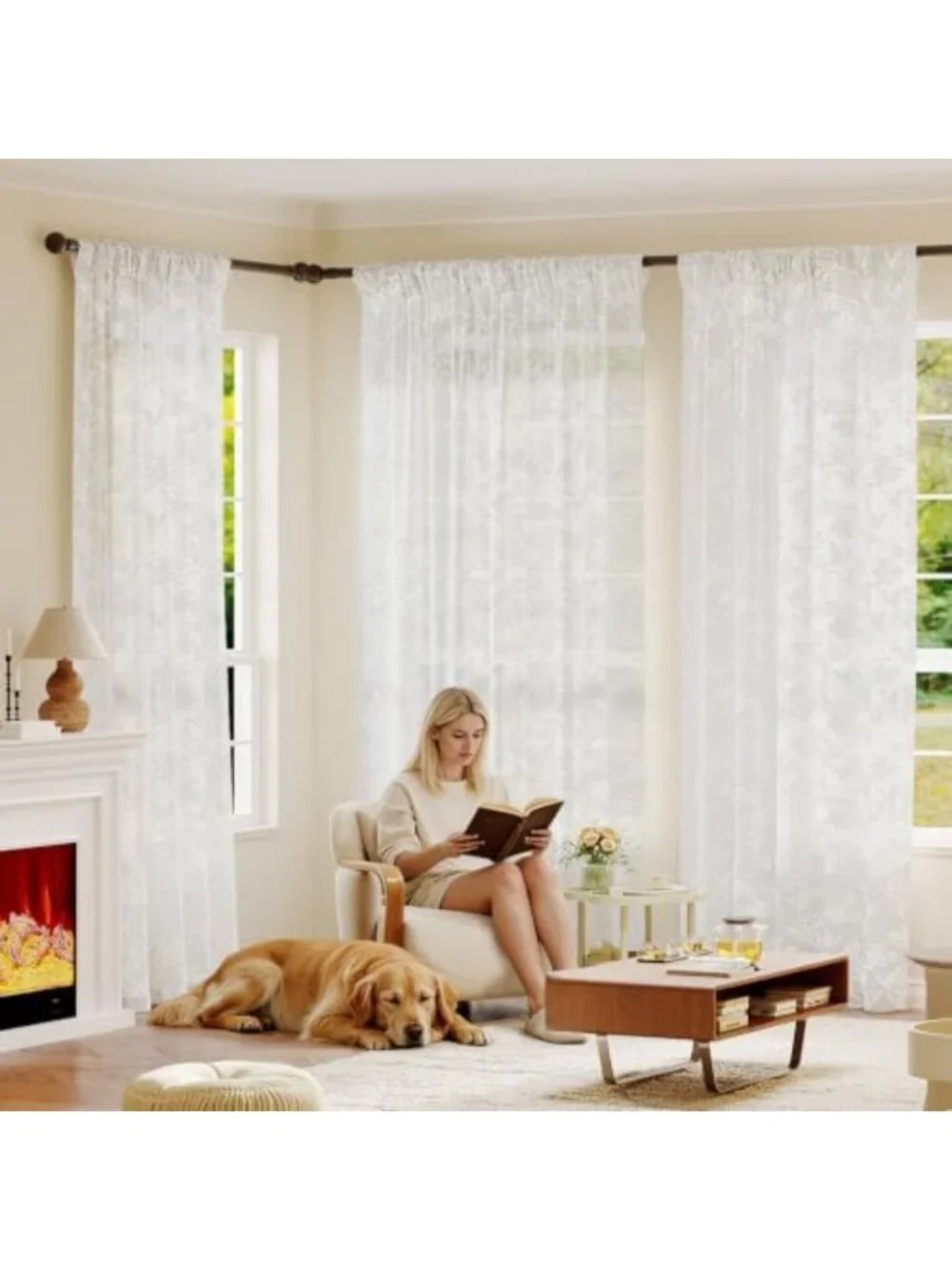 3D Floral Lace Curtains Set - Semi-Sheer Light Filtering Drapes, 96